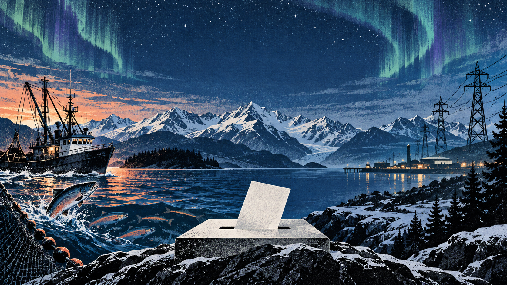 Editorial illustration of an Alaska ballot in an Arctic coastal landscape with salmon, a fishing boat, mountains, and power lines under an aurora.