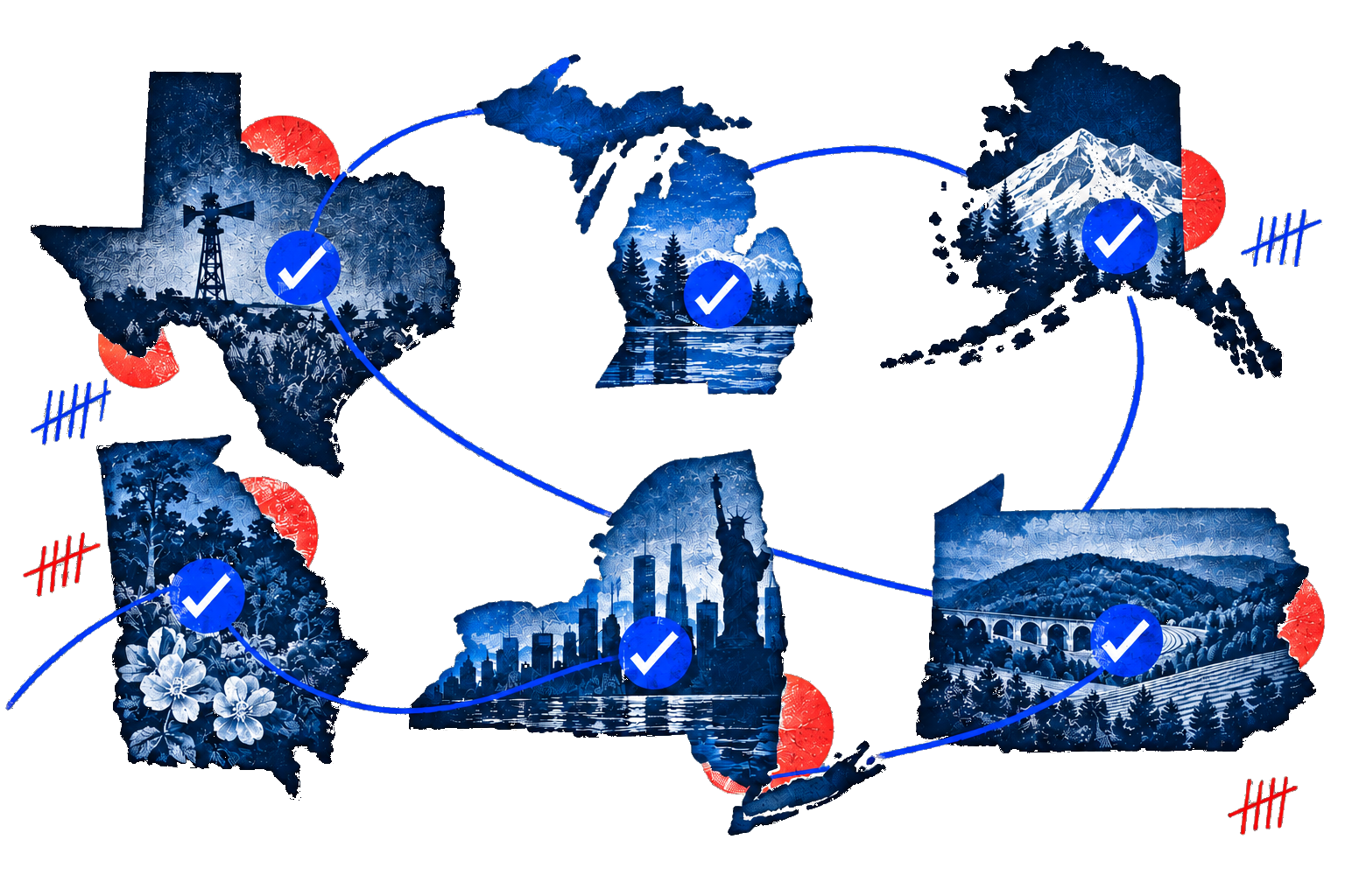 An editorial map collage of six competitive 2026 states marked with ballot checks.