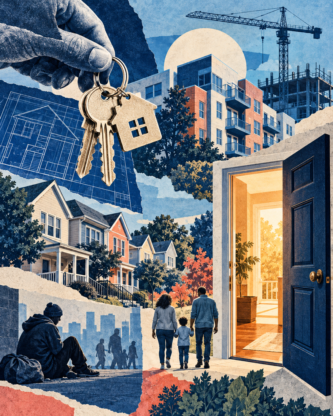 Illustration of homes, apartment buildings and a family with keys to a home.