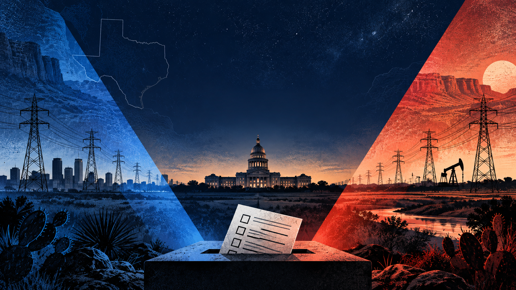 Editorial illustration of a Texas ballot, Capitol dome, power lines, and an outline of Texas at night.