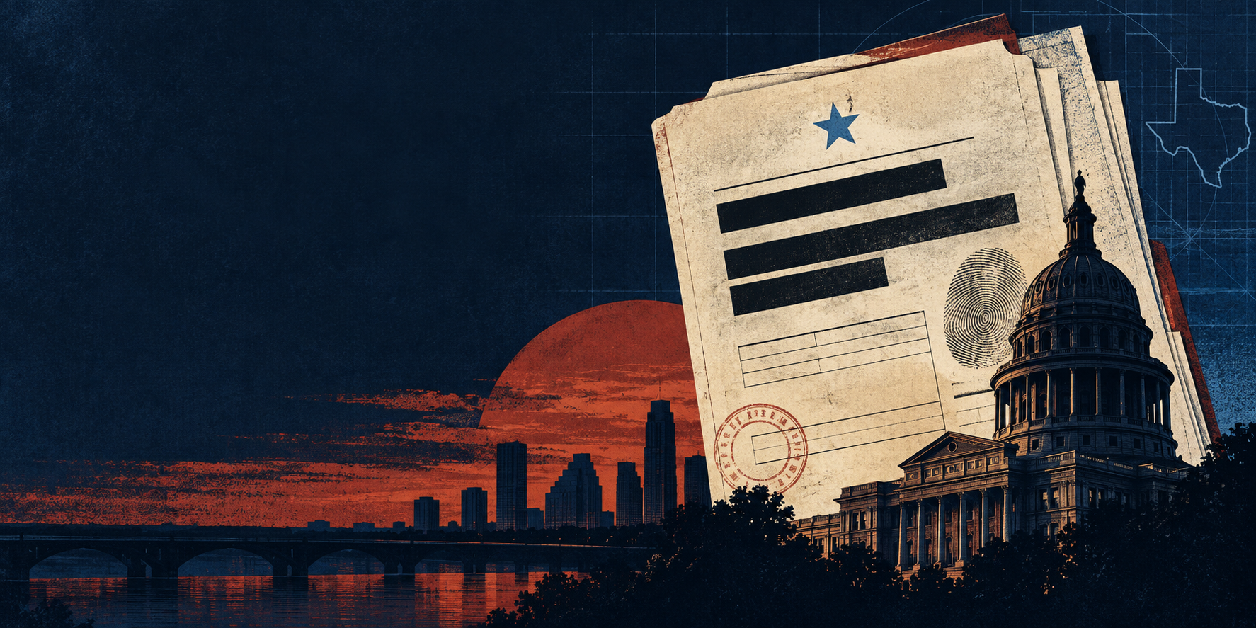 Editorial Texas public-records dossier with a Capitol dome, a case file, a fingerprint, and redacted lines.